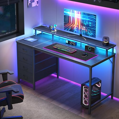 DUMOS 47 Inch Computer Desk with 4 Drawers,4 Drawer Gaming Desk with Power Outlets and LED Lights,Office Desk for Small Spaces with Monitor Shelf,Writing Desk for Home Office, Bedroom,Study,Black - color: Black, size: 47 Inches