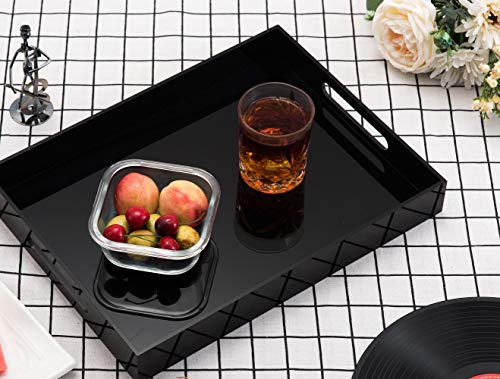 Glossy Black Sturdy Acrylic Serving Tray with Handles - 10x15 Inch, Coffee, Appetizer, Breakfast Tray - Butler, Kitchen to Vanity Table, Decorative - color: Glossy Black, size: 15" x 10" x 2"