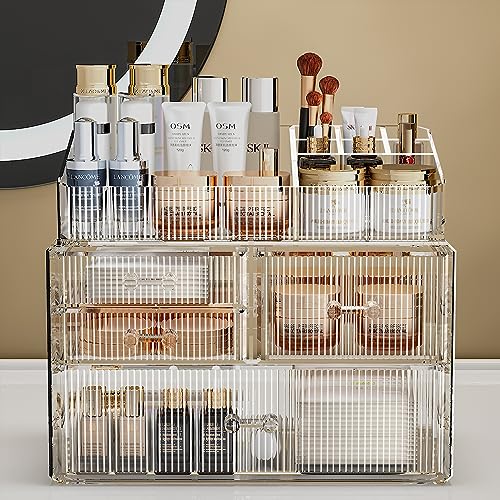 ZHIAI Stackable Storage Drawer, Acrylic Organizer, Cosmetic Organizer for Dresser, Vanity, Kitchen Cabinet, Bathroom, Under Sink, Home Organization and Storage (1 Top 3 Drawers) - color: (1 Base, 3 Drawers) with Top