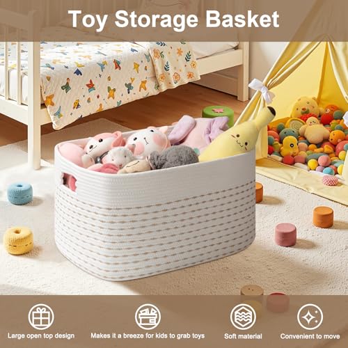 OIAHOMY 75L Blanket Basket, Woven Cotton Rope Basket for Organizing 22”x17”x12”, Used for Living Room, Bedroom, Nursery, Light Yellow & White - color: Light Yellow & White, size: 22”x17”x12”