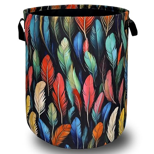 Feathers Laundry Basket Foldable With Handles Funny Tote Bag Oxford Cloth Colorful Feather Laundry Hamper Clothes Storage Bucket Toy Organizer For Bathroom/Laundry/Bedroom 18.9" x 16.5 " - color: Colorful Feathers