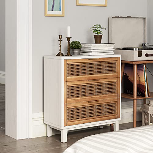 COZAYH Farmhouse 3-Drawer Nightstand, Rattan Cane Front Accent Dresser with Brass Pull, Distressed White - color: Distressed White, style: 3 Drawer/1 pack