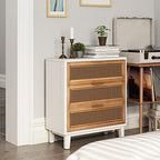 COZAYH Farmhouse 3-Drawer Nightstand, Rattan Cane Front Accent Dresser with Brass Pull, Distressed White - color: Distressed White, style: 3 Drawer/1 pack