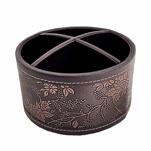 PU Leather Round TV Remote Control Holder for Table,360° Swivel Office Supply Desktop Organizer,4 Compartments Phone/Pen/Pencil Holder,Suitable for Stationery/Heater Controllers Etc (Antique) - color: Antique