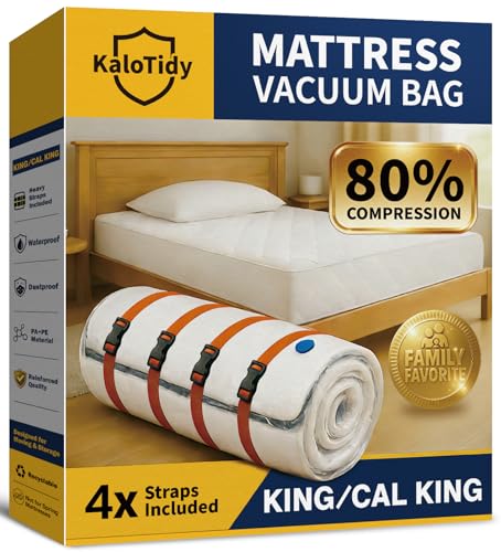Memory Foam Mattress Vacuum Bag, Heavy-Duty Mattress Storage Bag for Moving and Transport, Mattress Compression Bag with Straps & Dual-Zip Seal (Orange Straps, King/Cal-King) - size: King/Cal-King