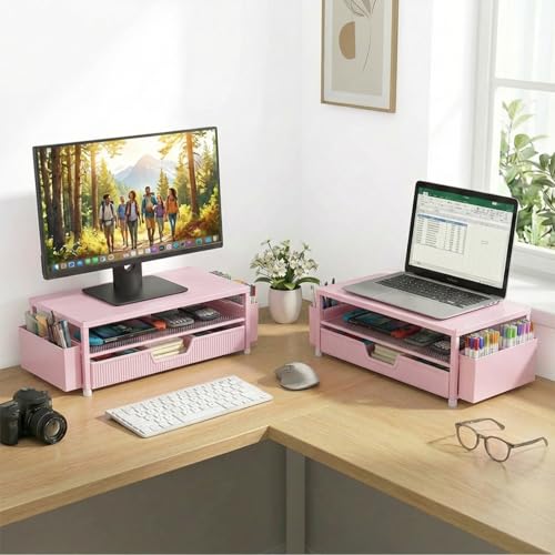 ECOLOVI Desk Organizer and Accessories, 2-Tier Computer Monitor Stand Rise with Storage Drawer & 2 Pen Holders, Laptop & Printer Stand for Desktop, Workspace Organizers for Office Supplies (Pink) - color: Pink
