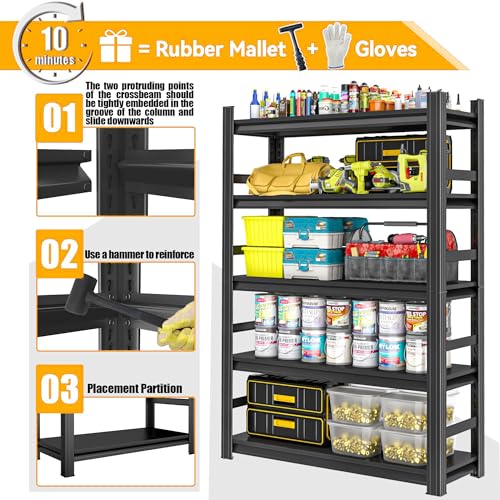 78" H Garage Shelving Heavy Duty, 5 Tier Shelving Unit, 2500LBS Industrial Metal Garage Shelves, Adjustable Utility Shelf Organizer Storage, Use for Basement, Warehouse, Pantry Closet, Black - size: 47.3"W x 18"D x 77.5"H
