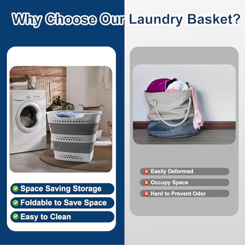 Collapsible Laundry Baskets Foldable Pop Up Laundry Hamper Plastic with Comfort Handles Folding Laundry Basket Space Saving Portable Dirty Clothes Hamper Storage Container/Organizer (Grey, 2 Packs)