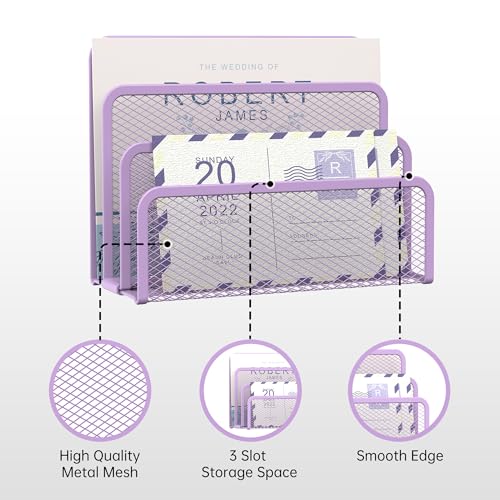 SUPEASY Mail Organizer for Desk, Mesh Metal Mail Holder Countertop with 3-Slot, Letter Sorter File Holder, Office Envelope Organizer for Mails (Purple) - color: Purple