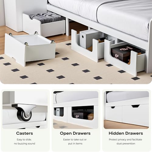 Kikihouse Queen Size Platform Bed with Foldable Desk & Storage Headboard | Bookshelf, 4 Drawers, LED Lights, USB Ports, No Box Spring Needed, Space-Saving - size: Queen