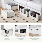 Kikihouse Queen Size Platform Bed with Foldable Desk & Storage Headboard | Bookshelf, 4 Drawers, LED Lights, USB Ports, No Box Spring Needed, Space-Saving - size: Queen