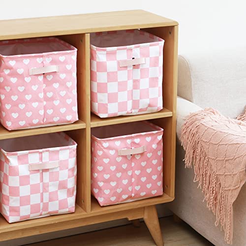 Hinwo 3-Pack Cubic Organizer Shelf Bins, Canvas Fabric Storage Baskets with Handles, 22L/5.8-Gal Square Storage Bins, Cubes, Collapsible Storage Box, 11 x 11 x 11 Inches (S, Pink Heart) - color: Pink Heart, size: S/11 x 11 x 11"/3-Pack