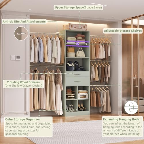 Besiost Closet System, 4-8 FT Closet Organizer Tower with 2 Wooden Drawers and Shelves, Can Fit 60 to 96 inch Walk-in Closet System with 5 Hang Rods, Built-in, Crab Green - color: Crab Green