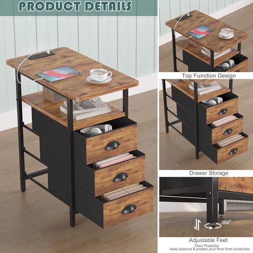 sthmec End Table with Charging Station, Side Tables Livingroom with USB Ports and Outlets,Narrow Nightstands Bedside Tables with 3 Drawers for Small Space,Slim Sofa Table Bedroom,Rustic Brown - color: Rustic Brown, size: 11.75'' W*21'' D* 24.3'' H, style: