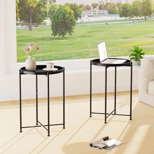 Garden 4 you Small Side Table, Mini Round End Table, Tray Table with Metal Frame, Modern Nightstand for Living Room, Bedroom, Patio, Small Space, Black - color: Black, size: 1 PCS