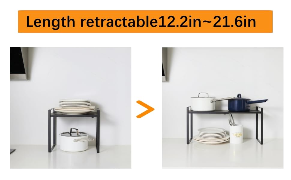 2 Pack Expandable Cabinet Shelf Organizer Riser for Kitchen Pantry Cupboard Under Sink Countertop (2 pack 8.2’’D * 12.2-21.6’’W * 10.4’’H) (Black) - color: Black, size: 8.2''D * 12.2-21.6''W * 10.4''H(2 Pack)