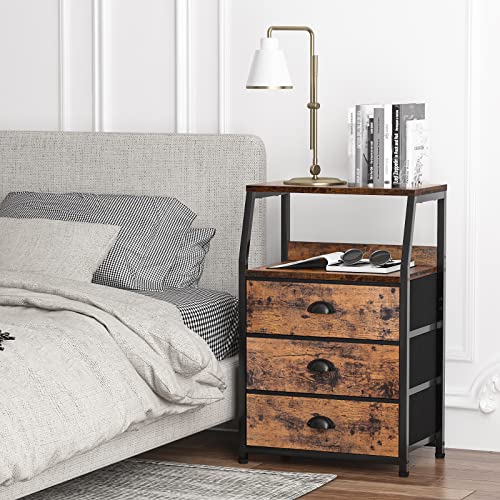 Furnulem Nightstand with 3 Drawers and 2-Tier Shelf, Fabric Small Dresser Organizer Vertical Storage Tower for Bedroom, Closet, Hallway, Nursery, End Table Side Furniture, Sturdy Steel Frame, Wood Top - color: Rustic Brown, style: 3 Drawers