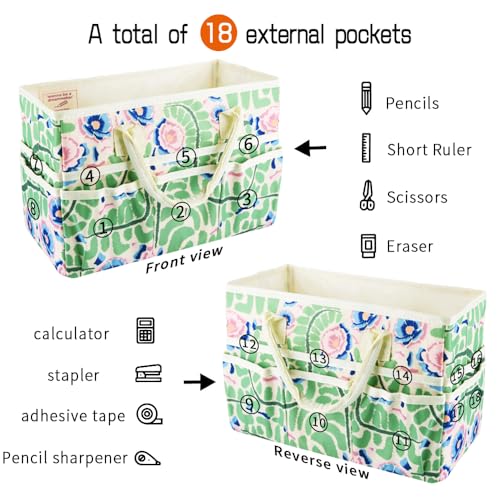 E-WEICHEN Craft Organizer Tote Bag Art Storage Caddy with Multiple Pockets Containers for Art,Craft,and Office Supplies Storage.Green Leaves Flower - color: Green Leaves Flower