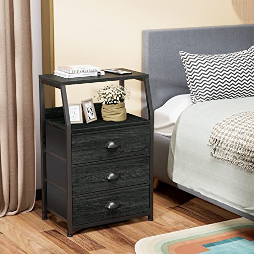 Furnulem Black Night Stand, Small Dresser for Bedroom, Nightstand with 3 Fabric Storage Drawers and 2-Tier Shelf, End Table Side Furniture for Closet, Hallway, Nursery, Sturdy Steel Frame, Wood Top - color: Black Oak, style: 3 Drawers