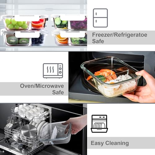 VERONES 5 Pack Glass Meal Prep Containers 2 Compartment Set, 36OZ Airtight Lunch Containers, Glass Food Storage Containers with Lids, for Microwave, Oven, Freezer & Dishwasher Friendly,White - color: White