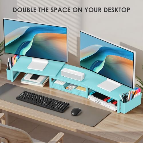 OPNICE Desk Organizers and Accessories, Dual Monitor Stand Riser with Drawer and 2 Pen Holders, Desk Shelf Metal Computer Monitor Stand for Office Workspace Organizers, Desktop Organization (Blue Metal) - color: Blue Metal, size: With drawer and pen holde