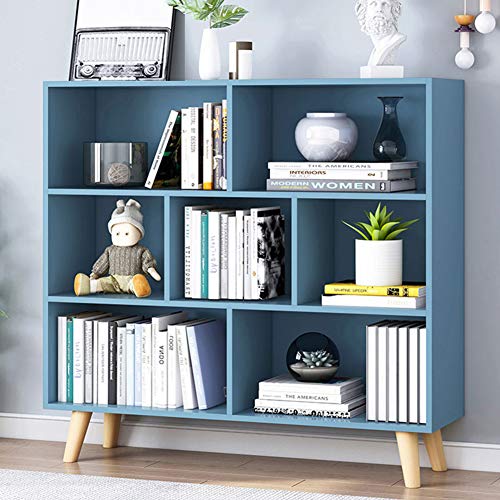 IOTXY Wooden Open Shelf Bookcase - 3-Tier Floor Standing Display Cabinet Rack with Legs, 7 Cubes Bookshelf, Bright Blue - color: Bright Blue, size: 80CM