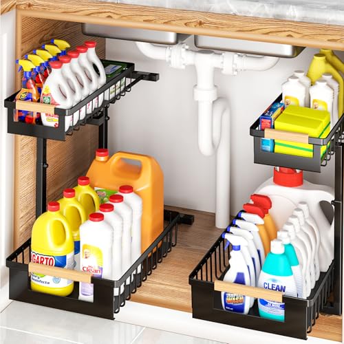 Under Sink Organizer, L-Shape 2 Tier Pull Out Cabinet Organizer with Adjustable Height, Metal Sliding Storage Rack for Kitchen Bathroom Pantry, Black, 2 Pack - color: Black-2 Pack