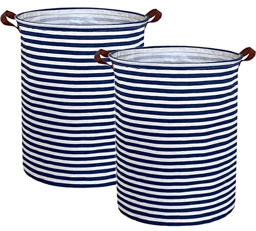 ESSME 2pack Kids Laundry Hamper,Boys laundry basket,Collapsible Bule storage basket with Waterproof PE Coating,Canvas Fabric Nursery Hamper for Kids Room Decor,Toy storage,Gift,Baby Clothing.(2pack Navy Blue stripes) - color: 2pack Navy Blue stripes