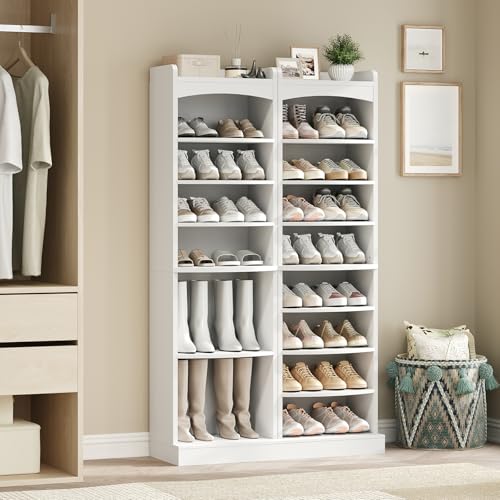 YATINEY 9-Tier Tall Shoe Rack, Wooden Shoe Storage Organizer, Narrow Shoe Cabinet with Removable Shelves for Small Spaces, Holds 18 Pairs of Shoes, for Entrance, Hallway, White SS22WT - color: White, size: 18.9"L x 13.4"W x 65.7"H
