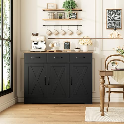 HOSTACK Modern Farmhouse Buffet Sideboard Cabinet, Barn Doors Storage Cabinet with Drawers and Shelves, Wood Coffee Bar with Storage for Dining Room, Kitchen, Living Room, Black/Rustic Brown - color: Black/Rustic Brown