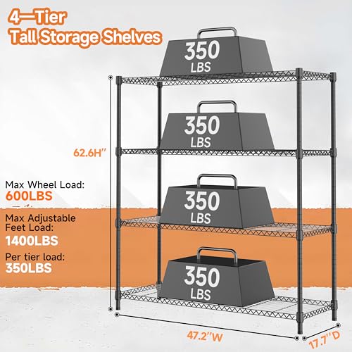 M MZG 4 Tiers Storage Shelves Load 1400LBS, Metal Shelving Wire Metal Shelving Unit Shelves for Storage Adjustable Garage Shelving for Pantry Kitchen Garage Black 17.7" D x 47.3" W x 62.7" H - color: Black, size: 4 Tiers, 17.7"D x 47.3"W x 62.7"H