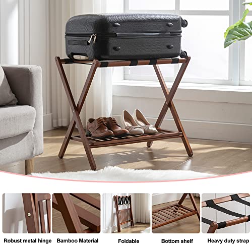 Luggage Racks Set Of 2 Suitcase Stand Foldable With Storage Shelf For Guest Room Hotel Essentials Solid Bamboo Heavy-Duty Item Holder Chestnut Brown