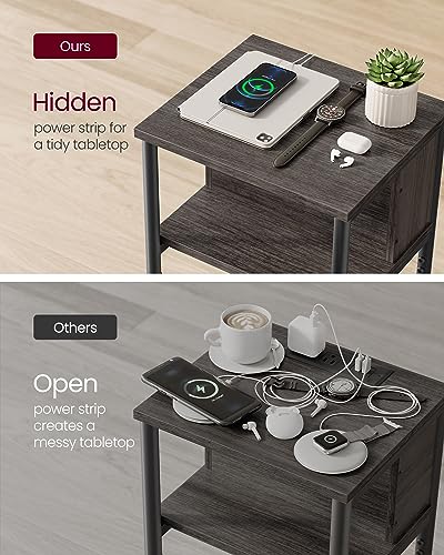 VASAGLE Side Table with Charging Station, 3-Tier End Table with USB Ports and Outlets, Nightstand for Living Room, Bedroom, 11.8 x 13.4 x 22.8 Inches, Plug-in Series, Chestnut Brown and Black - color: Chestnut Brown + Black