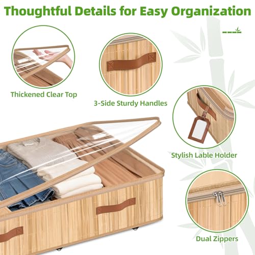 Livole Bamboo Under Bed Storage with Wheels, 6 inches Underbed Storage Containers, 56L XXL Rolling Under Bed Storage Bins with Clear Lid & Label for Clothes, Blankets, Sweater, Shoes, 1 Pack - size: Standard - 6"H - Wheels