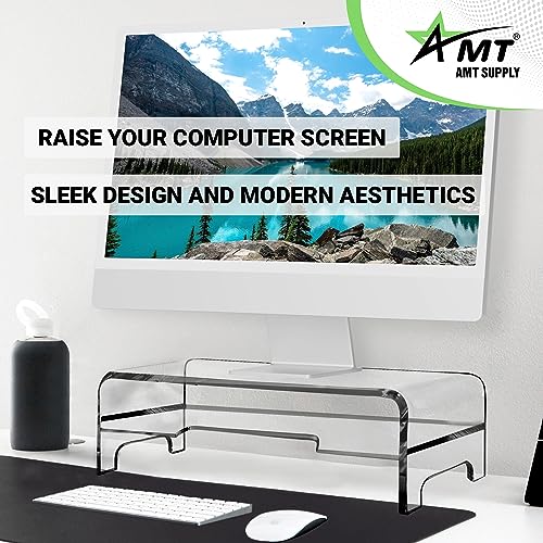AMT Clear Acrylic Monitor Stand Riser 2 Tier, 5.5 Inches High Clear Computer Desk Organizer Shelf for Multi Media PC Storage Laptop