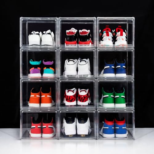 12 Pack Shoe Boxes, Clear Acrylic Stackable Plastic Sneaker Box Container, Magnetic Drop & Side Open Shoe Organizer Case Container With Lids Fits Up to Size 14 (Clear) - color: Clear