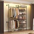 Wall Mounted Garment Rack, Walk-in Closet System with Expandable Rods, Adjustable Shelves, Industrial Pipe Clothing Racks, Hanging Clothes Organizers and Storage, Metal Closet Shelving Wardrobe - color: Black
