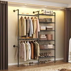 Wall Mounted Garment Rack, Walk-in Closet System with Expandable Rods, Adjustable Shelves, Industrial Pipe Clothing Racks, Hanging Clothes Organizers and Storage, Metal Closet Shelving Wardrobe - color: Black