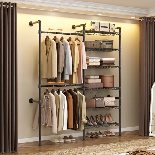 Wall Mounted Garment Rack, Walk-in Closet System with Expandable Rods, Adjustable Shelves, Industrial Pipe Clothing Racks, Hanging Clothes Organizers and Storage, Metal Closet Shelving Wardrobe - color: Black