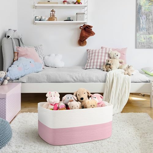 MEGASKET Large Pink Storage Basket, 22" x 17" x 12" Rectangle Cotton Rope Bin for Organizing, Woven Blanket storage for Living Room, Kids Toy Bin Box, Decorative Nursery Storage, Pink Room Decor - color: White & Pink