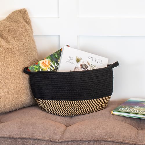 Stylish Cotton Rope Storage Basket For Dog Toys, Magazines or Books - The Perfect Woven Bin with Handles For Everyday Organization Reduces Clutter in Your Rooms - A Decorative Gift & Storage Box - color: Black