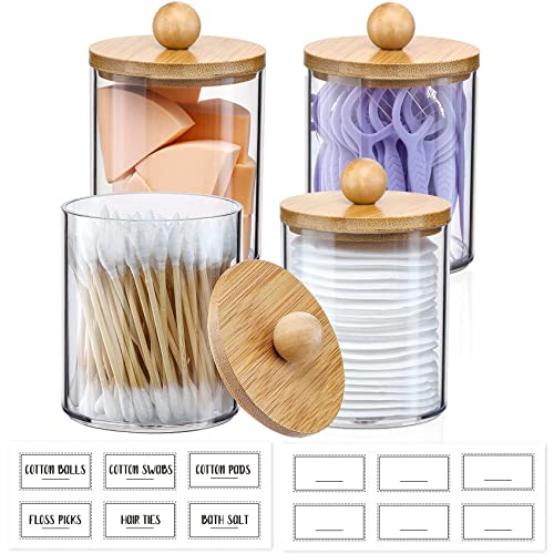 4 Pack Qtip Holder Dispenser with Bamboo Lids - 10 oz Clear Plastic Apothecary Jar Containers for Vanity Makeup Organizer Storage - Bathroom Accessories Set for Cotton Swab, Ball, Pads, Floss - size: 4 Pack of 10 oz