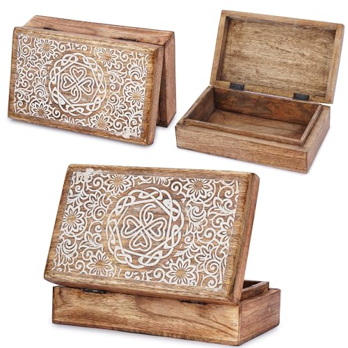 Ajuny Mango Wood Jewelry Box – Hand-Carved Celtic Knot Keepsake/Memory Box, Decorative Trinket & Treasure Chest Organizer, Handmade Gift for Women & Men, Travel Friendly, 8x5 Inch - style: Center Flower Des