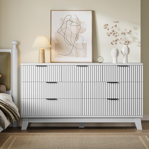 BORNOON 57" Long Dresser for Bedroom, 7-Drawer Fluted Chest, Wide Wood Storage Dresser with Metal Slides and Handles, Stable Base, Modern Clothes Organizer for Primary Suite, Guest Room, Nursery - color: Pure White, size: XL 7-Drawer