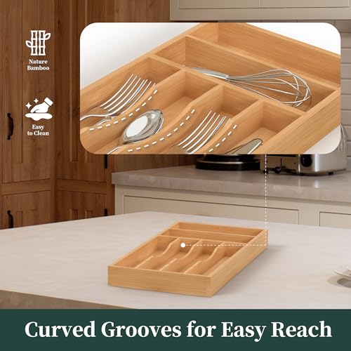 Silverware Organizer, Bamboo Kitchen Drawer Organizer, Utensil Holder, Cutlery Tray & Spoon Flatware Storage with Grooved Drawer Dividers (8.5''W x 15.5''D) - color: Natural, size: 8.5''W x 15.5''D