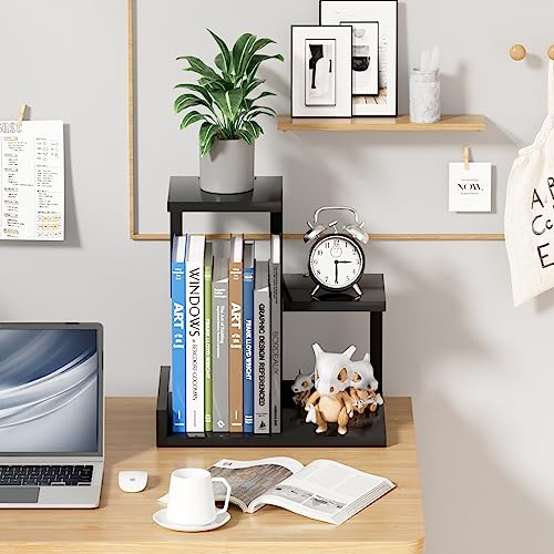 Gannyfer Desk Shelf Organizer - Wood Desktop Shelf, Freestanding Desk Hutch Office Decor, 3 Tier Storage Display Rack, Small Bookshelf with Metal Frame for Books/Plants/Toys (Black) - color: Black