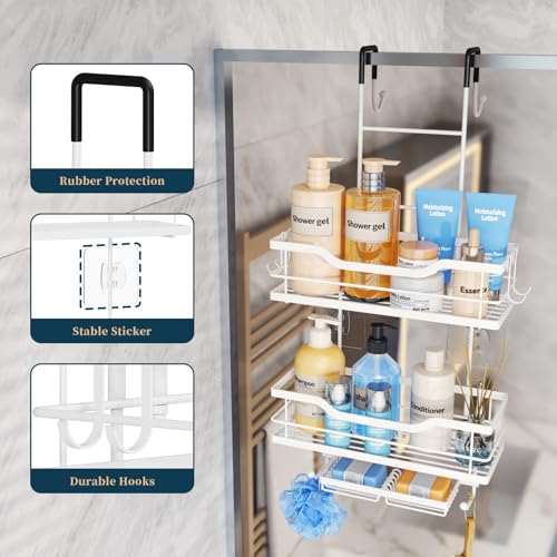 Consumest Over The Door Shower Caddy - 3 Tier Shower Organizer Hanging with Soap Holders, Large Capacity Shower Shelves with 6 Hooks, Bathroom Rack and Storage, White - color: White, size: 3 Tier