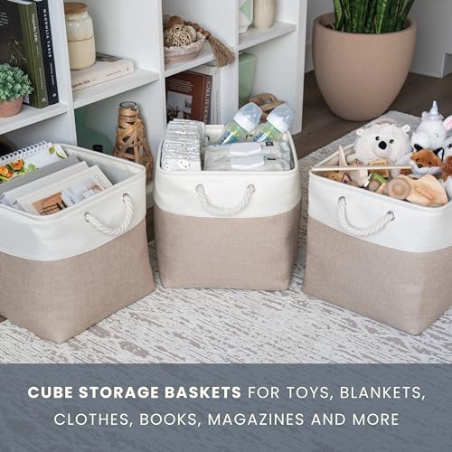 OrganiHaus 13x13 Cube Storage Bins 4 Pack, Foldable Cube Storage Organizer w/ Rope Handles, Collapsible Fabric Bins for Toys, Clothes & Closet Organization, Fabric Square Baskets - Beige/White - color: Beige Base / Off-White, size: 4 pcs (13x13)
