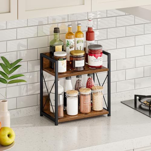 Giikin Kitchen Countertop Organizer, 2 Tier Spice Rack Organizer for Pantry, Kitchen Counter Shelf Wood Coffee Station Organizer (Brown, M) - color: Brown, size: Medium