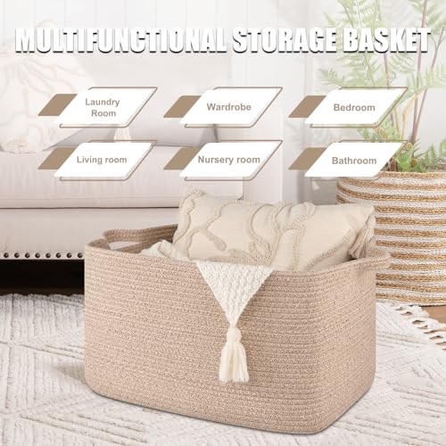 65L Cotton Rope Large Blanket Basket (19.7"x15.7"x11.8") for Living Room, Kids Room & Laundry, Storage Basket with Handle for Organizing Blankets, Pillows, Clothes & Toys, Brown - color: Brown, size: 19.7"x15.7"x11.8"